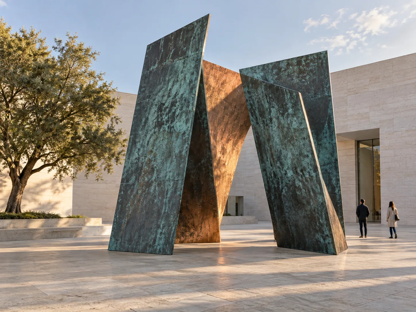 AI-generated concept: Patinated copper planes in a sunlit limestone courtyard.