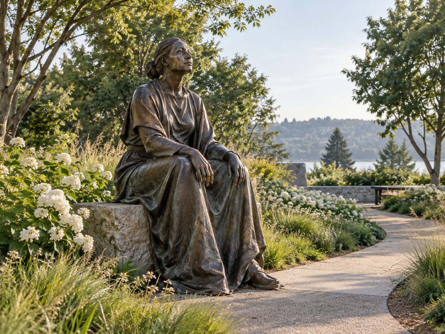 AI-generated concept: A seated bronze figure surrounded by flowering garden plants.