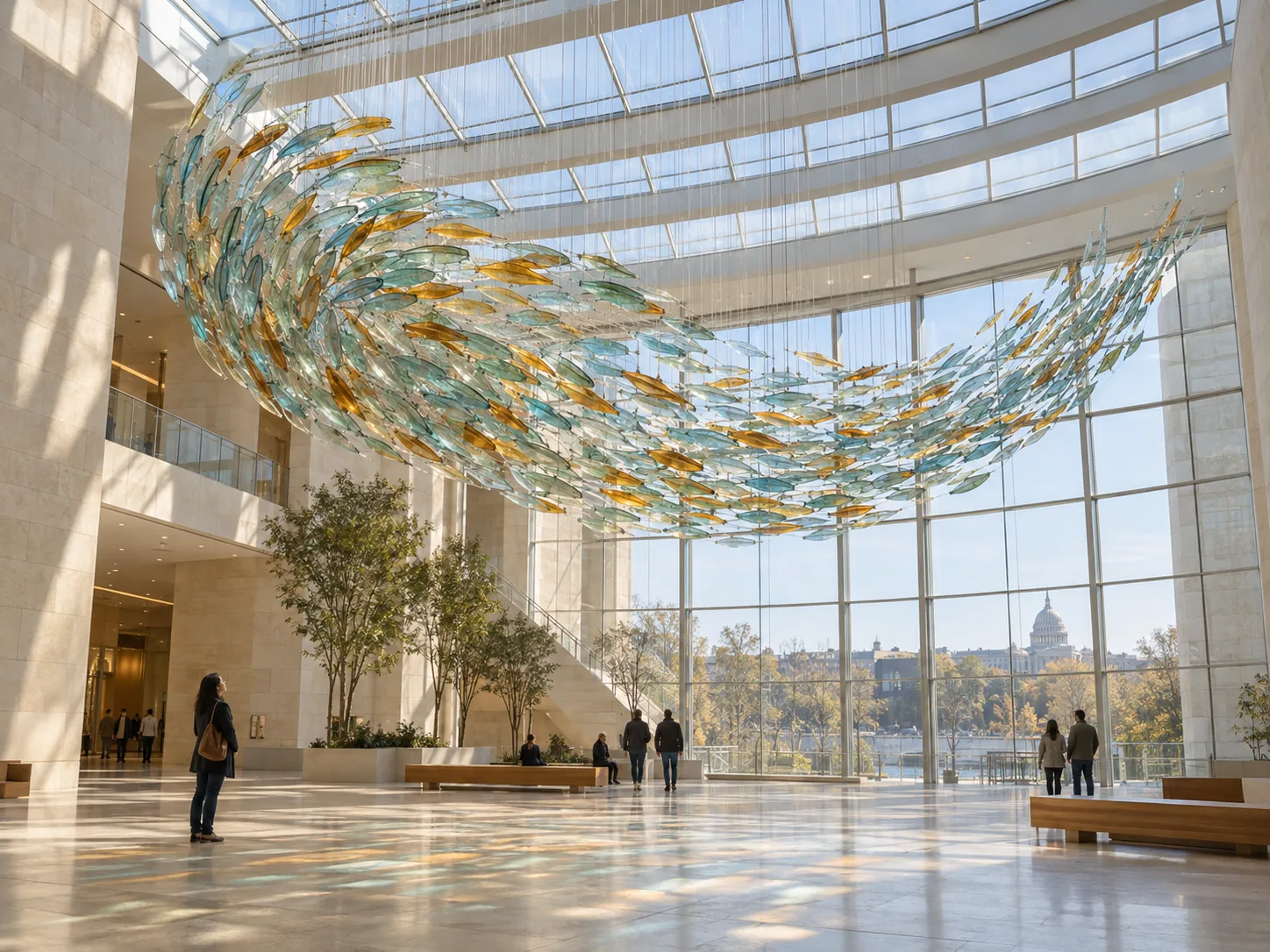 AI-generated concept: A flowing shoal of aqua and amber glass suspended in a bright public atrium.
