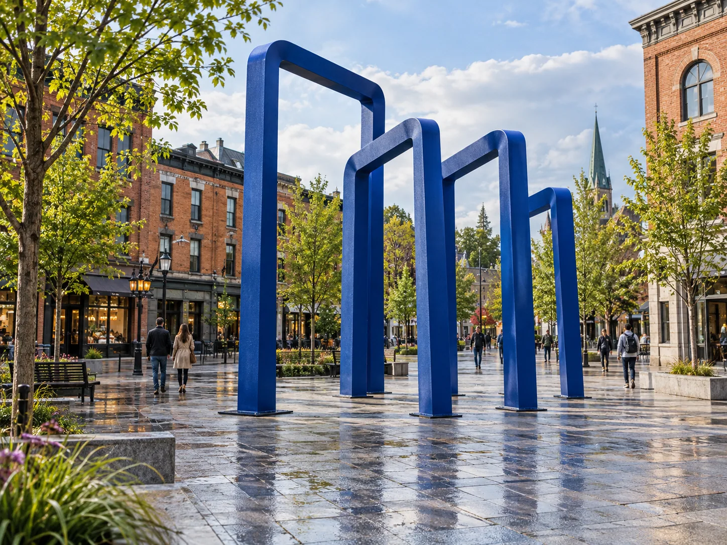 AI-generated concept: Cobalt-blue sculptural gateways among brick buildings and street trees.