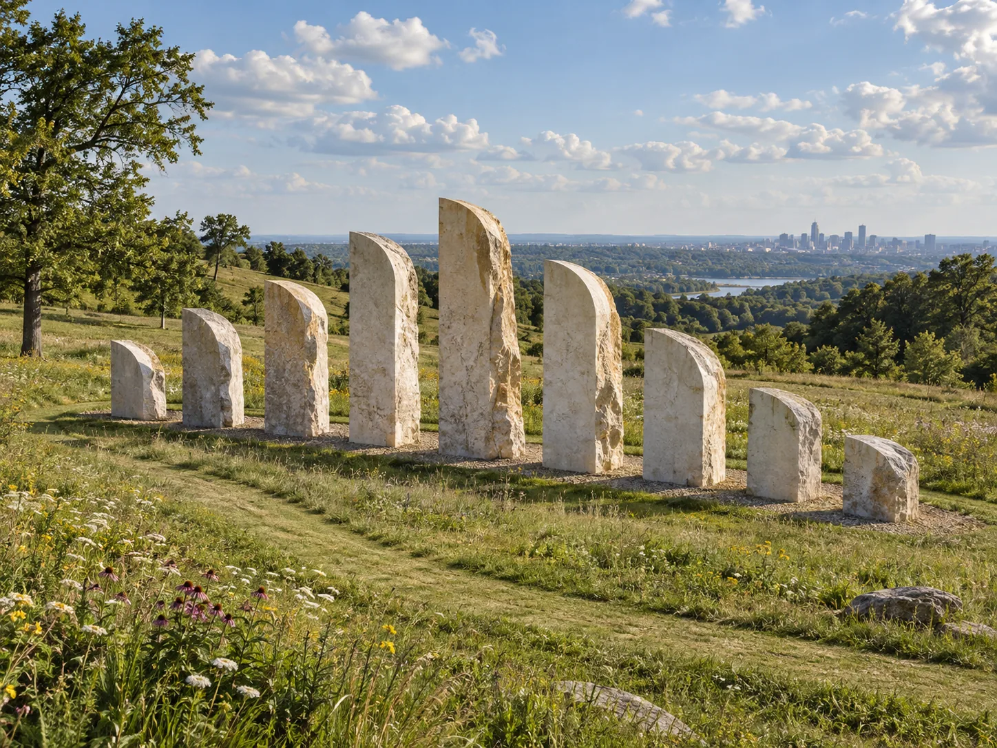 AI-generated concept: A rhythm of pale limestone monoliths in a grassy meadow above a distant city.