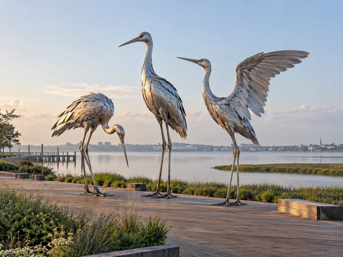 AI-generated concept: Three monumental metal shorebirds beside a waterfront boardwalk.