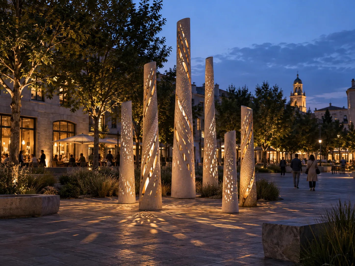 AI-generated concept: Perforated sculptural lanterns glowing warmly in a plaza at dusk.