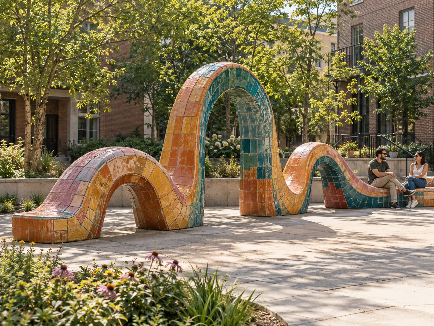 AI-generated concept: Colourful tiled arches sweep into sculptural seating in a leafy courtyard.