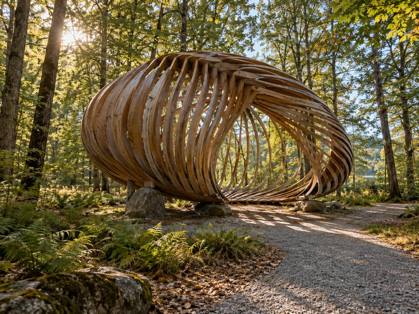 AI-generated concept: An open vessel of curved timber ribs in a sunlit woodland clearing.