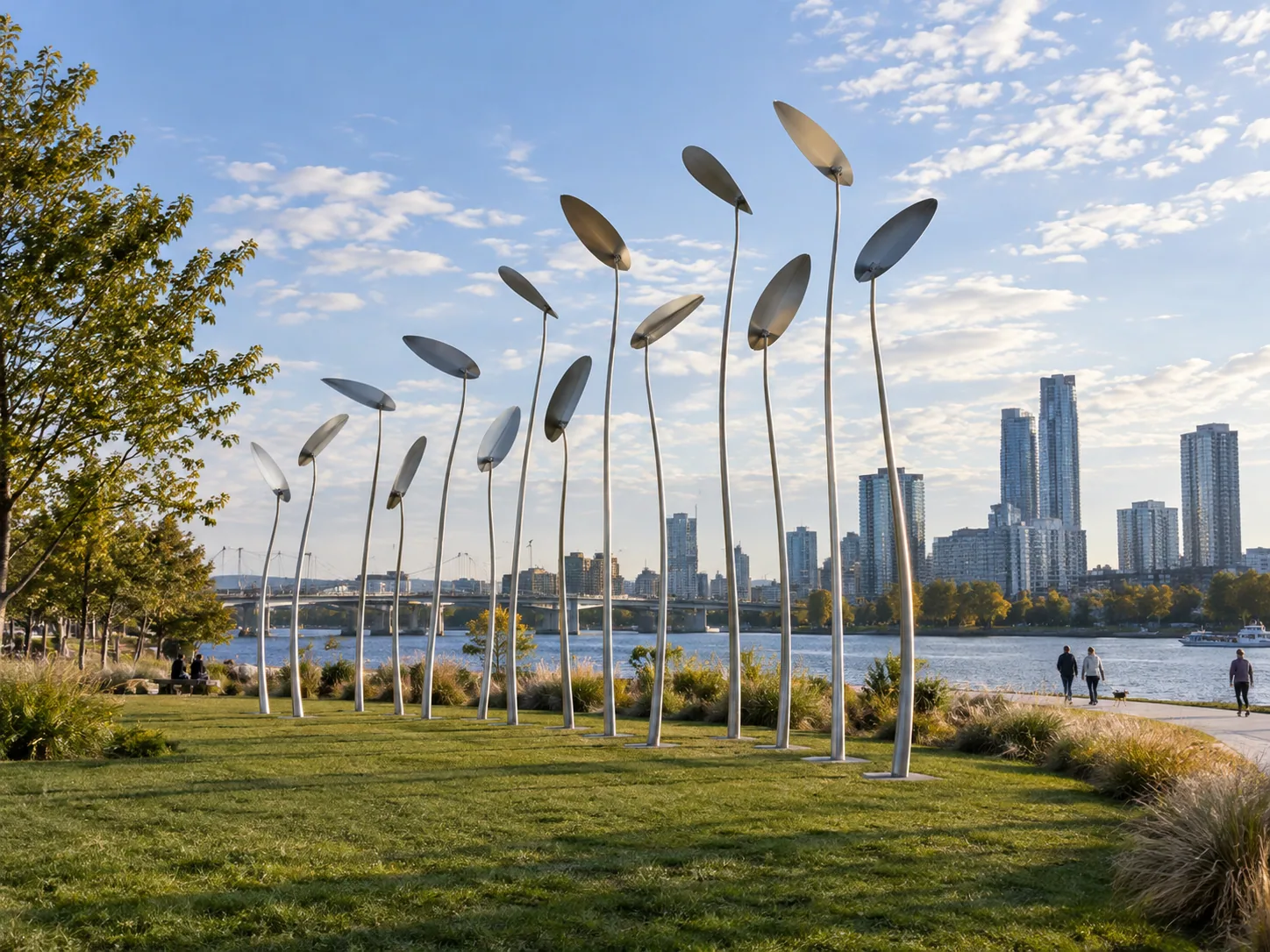 AI-generated concept: Slender steel stems carry angled metal blades beside a river and city skyline.